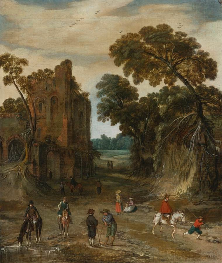 Cavalieri su un sentiero tra rovine